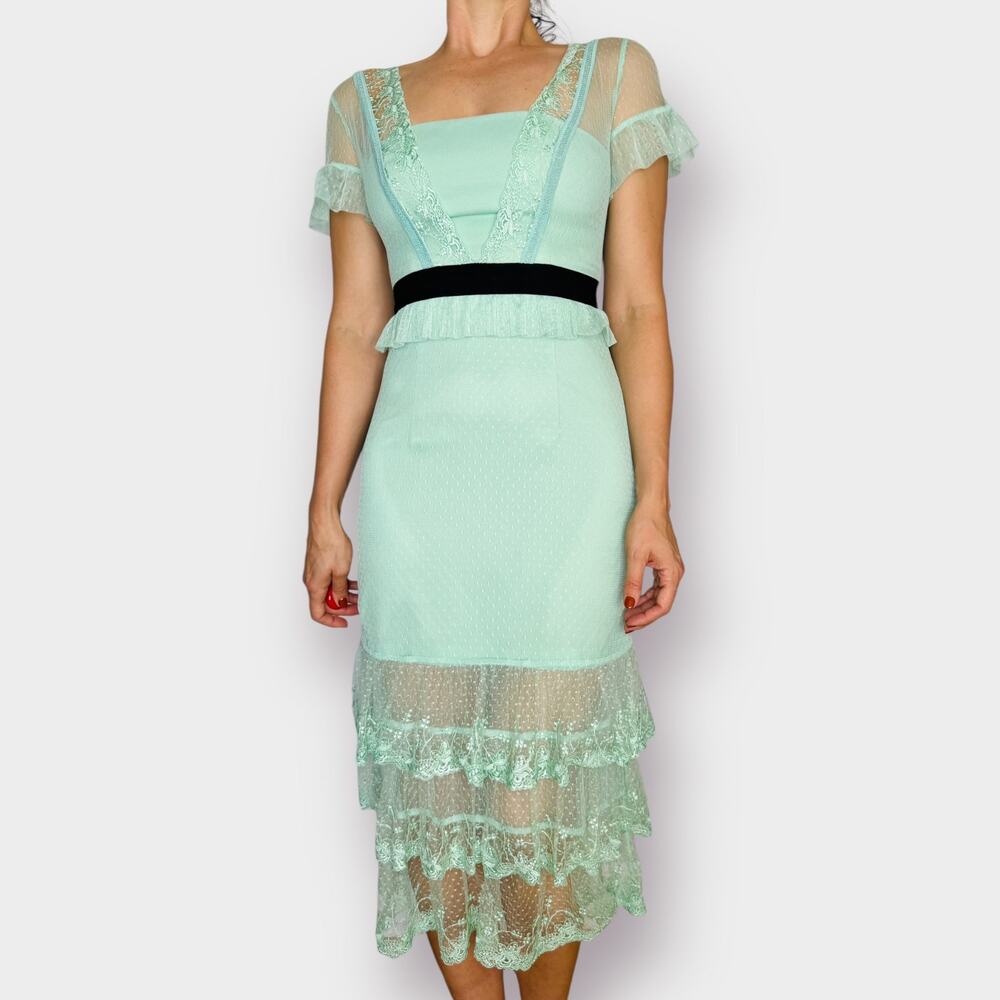 Three Floor Sea Foam Aqua Lace Cocktail Dress‎